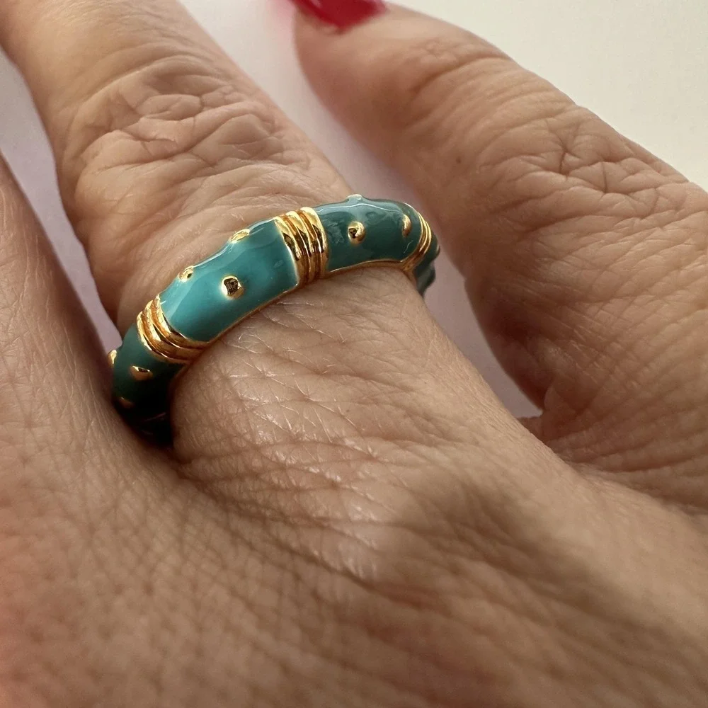 Aqua Blue Green Enamel Gold Tone Band Ring Size 7 Dotted Bamboo Stackable Boho